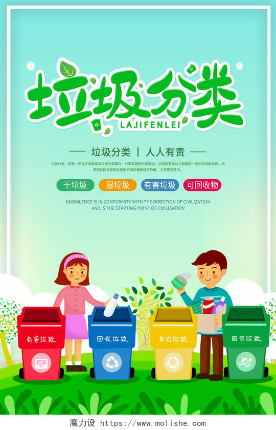绿色卡通垃圾分类公益宣传海报